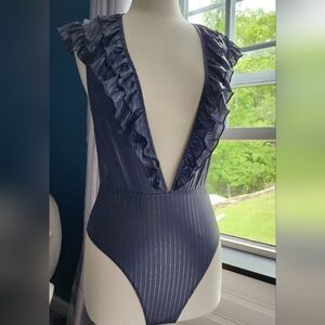 Gunmetal and Silver Bodysuit with Ruffles By VICTORIA SECRET